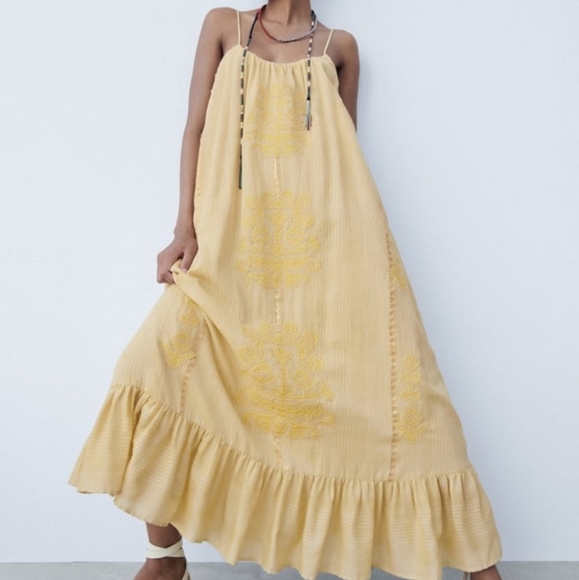 NWT Zara * Embroidered Maxi Long Dress Yellow - Picture 4 of 11